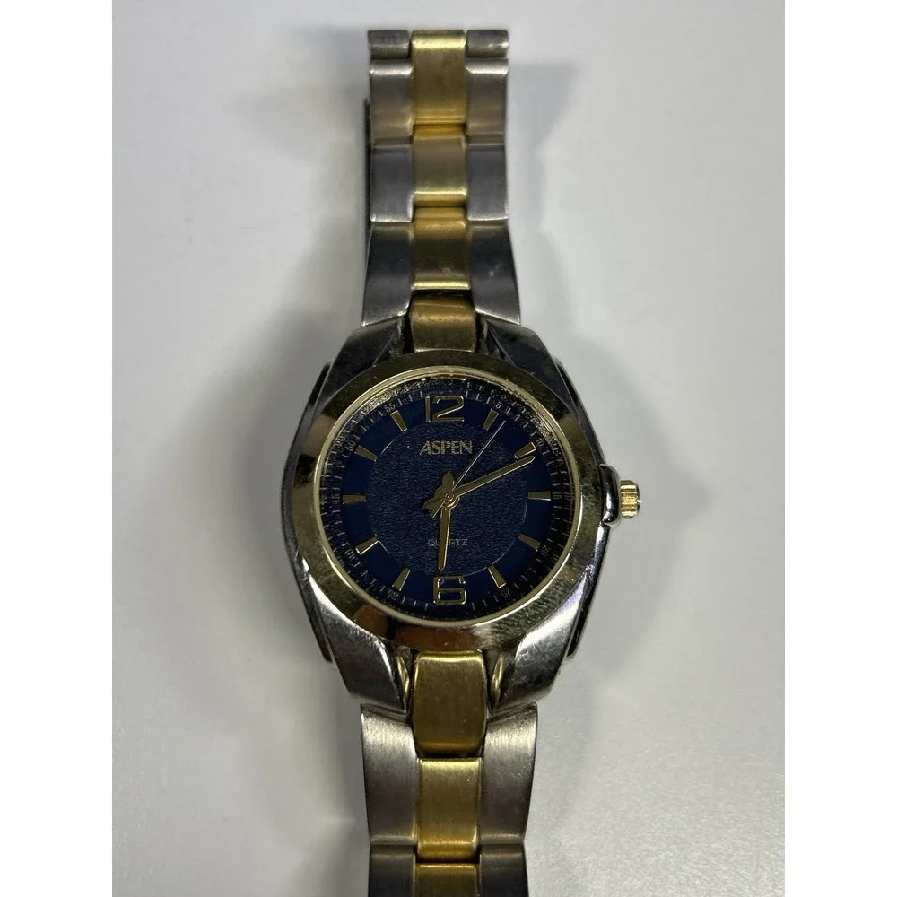 Aspen Two Tone Stainless Steel Quartz Watch Blue Dial Japan Movt Not Tested